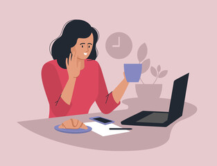 Online work. Woman with a laptop. People and business. The working process. Infographics, presentation. Freelancer, work from home. Vector image.