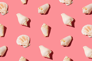 Creative pattern made of seashells on peach pink background. Minimal flat lay aesthetic. Summer and sea concept.