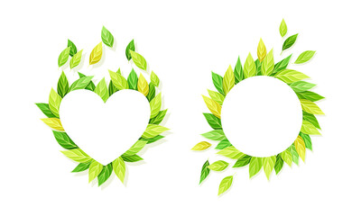 Shaped Green Leaf Arrangement in Heart and Round Vector Set