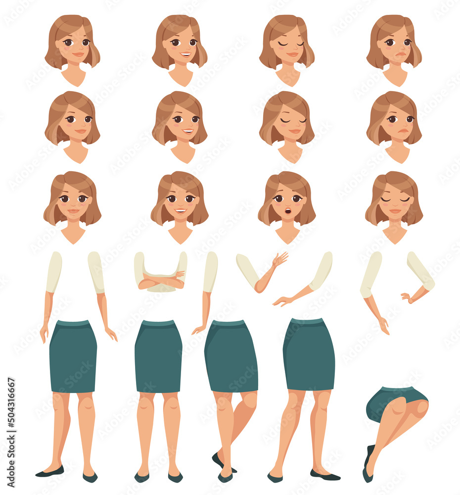 Poster young woman character constructor with separated body parts and face with different emotion vector s