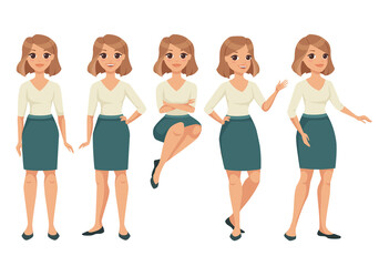 Obraz premium Woman Character in Skirt and Blouse in Standing and Sitting Pose Gesturing Vector Set