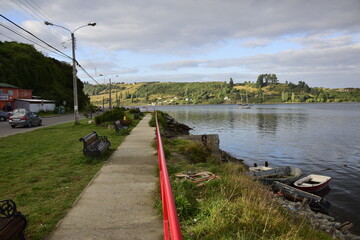 Pedestrian bridge over the reservoir, along the roadway, Chiloe Island, Patagonia, Chile