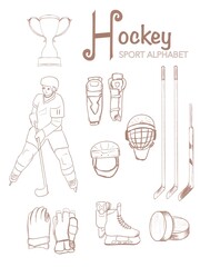Sport alphabet hand drawn line art set hockey ice