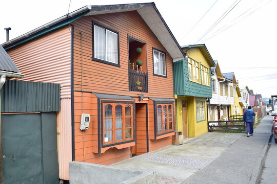 QUELLON, CHILE - 01 march 2017: Residential area with typical wooden houses
