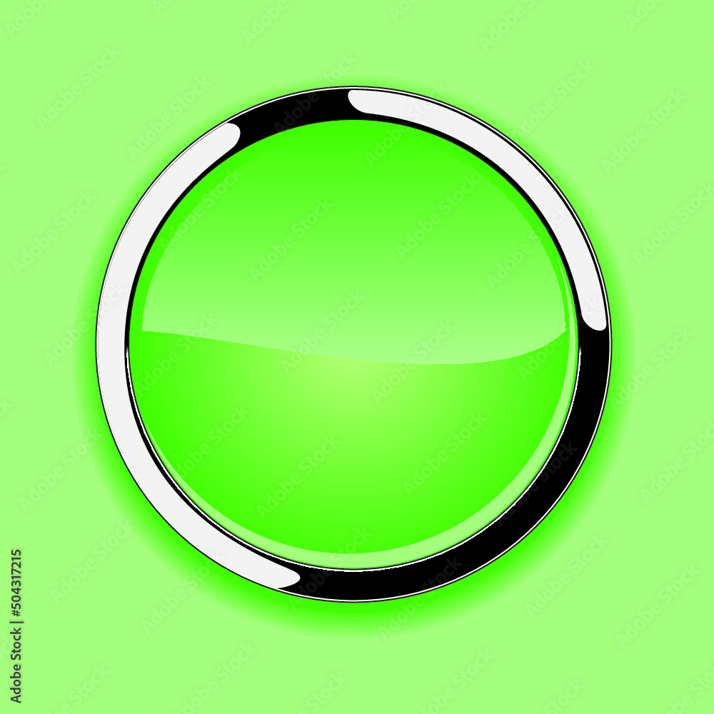 Poster green shiny button. web icon with metallic frame