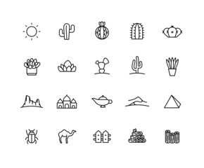 Collection of Desert linear icons. Set of Cactus, egypt symbols drawn with thin contour lines. Vector illustration.
