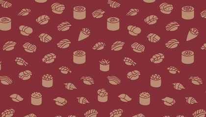Sushi seamless pattern. Dark red background.