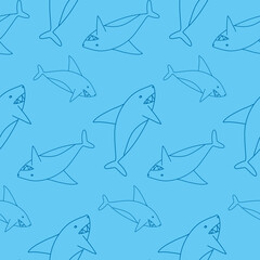 Shark outline on blue, sea animals shark, seamless pattern for textile design and wrapping paper