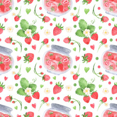 Strawberry jam watercolor seamless pattern. Glass jar of jam, marmalade, confiture. Home preservation. Juicy strawberry, red berries. Summer food illustration