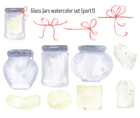 Glass jar watercolor set. Label, transparent tableware. Container for jam, marmalade, confiture. Home preservation. A glass vase.