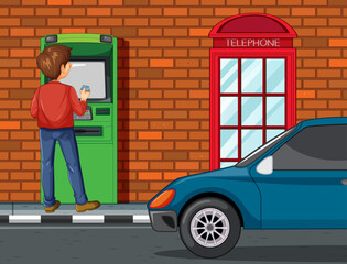 ATM on street scene with a man withdraw money
