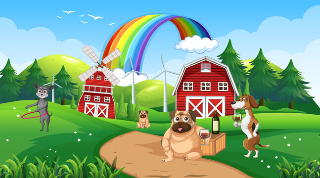 Outdoor farm scene with cartoon dogs