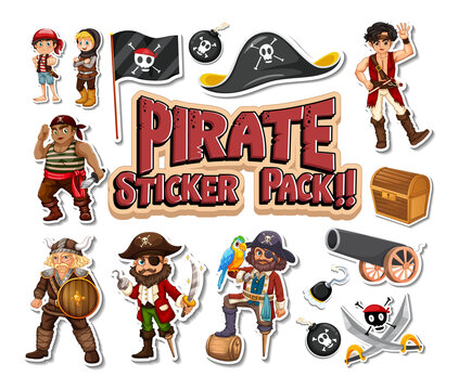 Sticker pack of pirate cartoon characters and objects