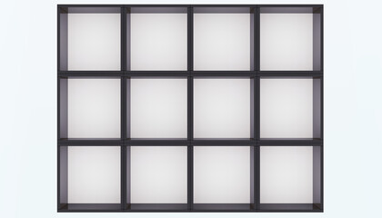 3D mockup of black empty cabinet with shelves on the wall. Kitchen furniture or bookshelf for office and home. Shop, gallery showcase. Blank retail storage space. Interior design furniture