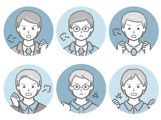 怒る高齢男性の丸アイコンセット