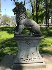 Stone lion in the park. Monument to the lion, macro photo. For the Internet, postcards, books, notebooks, brochures.