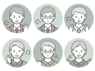 怒る高齢男性の丸アイコンセット