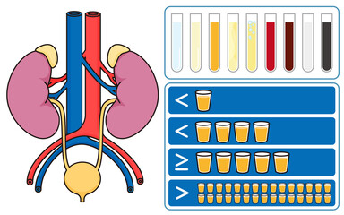 Vector illustration of kidney and bladder. Check urine color swatches and urine volume.