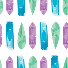 Seamless pattern with ligyt green, purple and blue magic crystals
