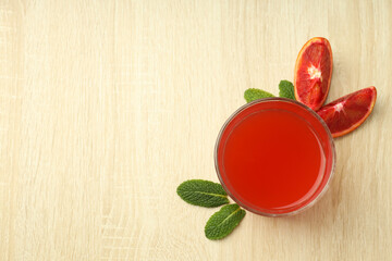 Concept of drink, red orange juice, space for text