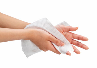 Woman wiping her hands with napkin on white background.