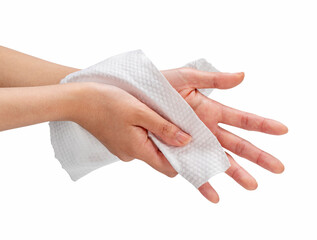 Woman wiping her hands with napkin on white background.