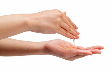 Woman's hand with liquid soap on white background.