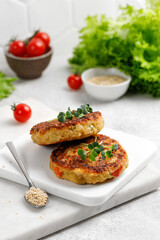 Homemade vegetarian cutlets with quinoa, vegetables and microgreens. Quinoa cutlets