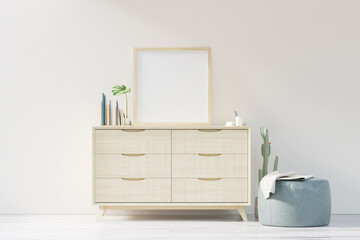 The cabinet in the white living room with a leather stool, a Blank poster on the white wall, 3D Rendering