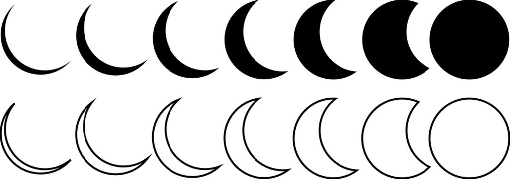 Moon icon set. Crescent icon set. The lunar symbol is in black. Moon phase symbol. Crescent icon in the glyph. Moon phases astronomy icon design