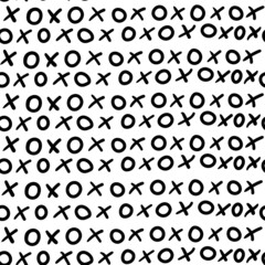 Crosses and zeros on a white square background. Texture paper for collages. Seamless black and white pattern. Boho. Used for printing on paper, fabric, packaging, wallpaper. Eps10.