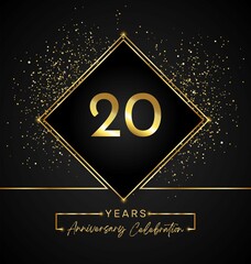 20 years anniversary celebration with golden frame and gold glitter on black background. 20 years Anniversary logo. Vector design for greeting card, birthday party, wedding, event party, invitation.