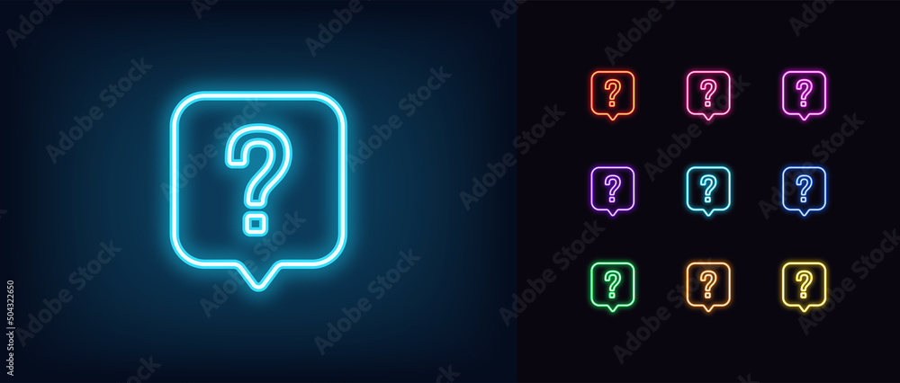 Poster outline neon question bubble icon. glowing neon question mark in bubble message, help and faq pictog