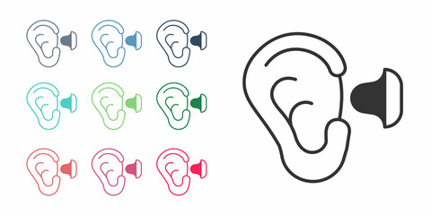 Black Earplugs and ear icon isolated on white background. Ear plug sign. Noise symbol. Sleeping quality concept. Set icons colorful. Vector