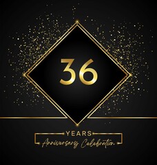 36 years anniversary celebration with golden frame and gold glitter on black background. 36 years Anniversary logo. Vector design for greeting card, birthday party, wedding, event party, invitation.