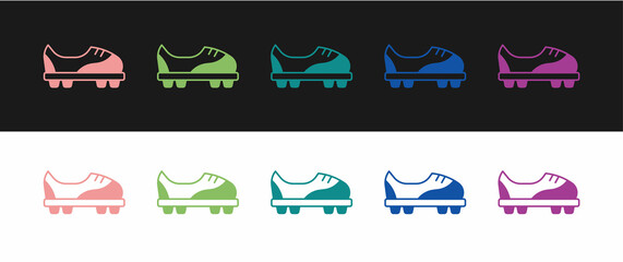 Set Football shoes icon isolated on black and white background. Soccer boots. Sport football foot protection. Vector