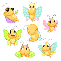 Cute butterfly character set in different poses and emotions. Ideal for stickers and postcards.