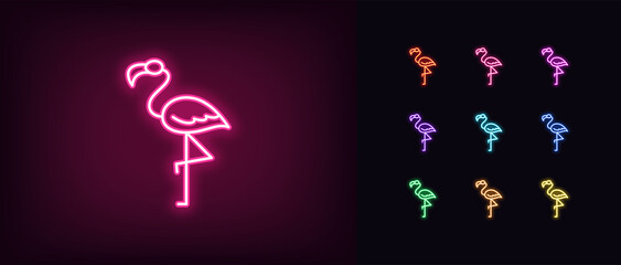 Outline neon flamingo icon. Glowing neon flamingo silhouette standing on one leg, exotic bird pictogram © Дмитрий Майер