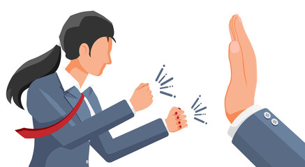 Big Hand Show Stop Gesture to Businesswoman. Angry Manager or Business Woman is About to Fight. Stop the Conflict Concept. Stops Confrontation, Resolves Conflict. Flat Vector Illustration