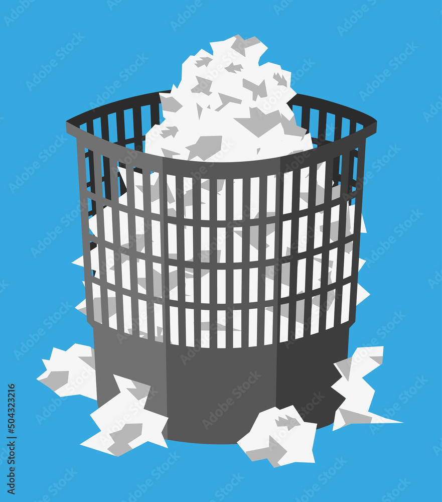 Poster trash can with crumpled paper inside and around isolated on blue background. paper bin bucket statio
