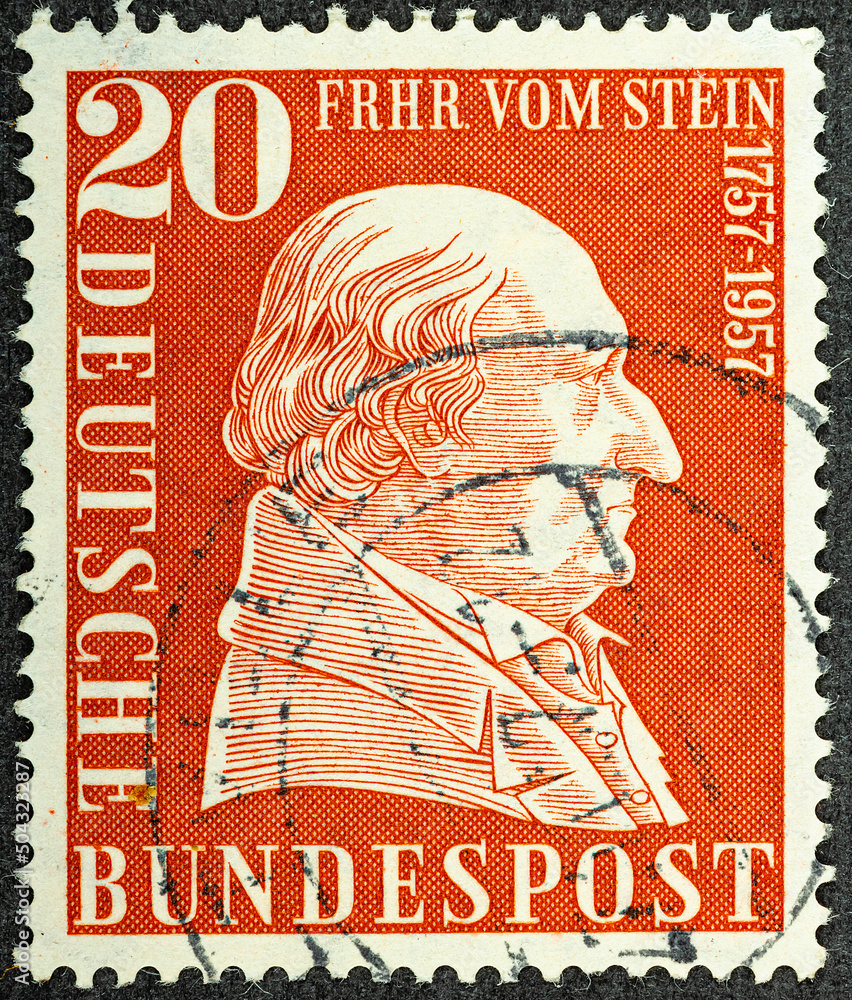 Wall mural germany - circa 1957 : cancelled postage stamp printed by germany, that shows baron vom stein, circa