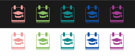 Set Online education and graduation icon isolated on black and white background. Online teacher on monitor. Webinar and video seminar learning. Vector