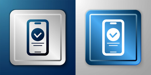 White Online quiz, test, survey or checklist icon isolated on blue and grey background. Exam list. E-education concept. Silver and blue square button. Vector