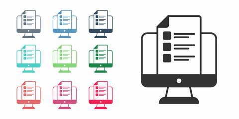 Black Online quiz, test, survey or checklist icon isolated on white background. Exam list. E-education concept. Set icons colorful. Vector