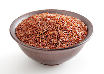 Uncooked red rice in ceramic bowl isolated on white background with clipping path