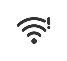 Wifi symbol and exclamation mark icon. Jamming wireless internet signal. Wi-Fi error. Failure wifi icon. Disconnected wireless internet signal. Vector illustration isolated on white background.