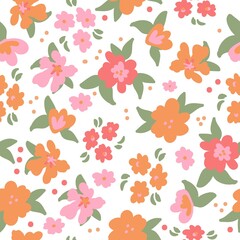 Simple vintage pattern. Pink and orange flowers , green leaves . White background. Fashionable print for textiles, wallpaper and packaging.