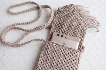 Handmade macrame phone bag. ECO friendly natural macrame cotton bag for woman. Hobby knitting...