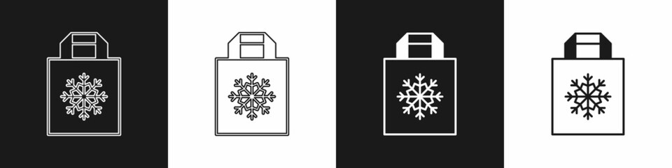 Set Christmas paper shopping bag with snowflake icon isolated on black and white background. Package sign. Merry Christmas and Happy New Year. Vector