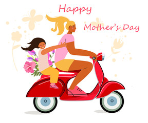 Obraz na płótnie Canvas Mom and daughter ride on a scooter, with a bouquet of flowers, Mother's Day vector illustration.